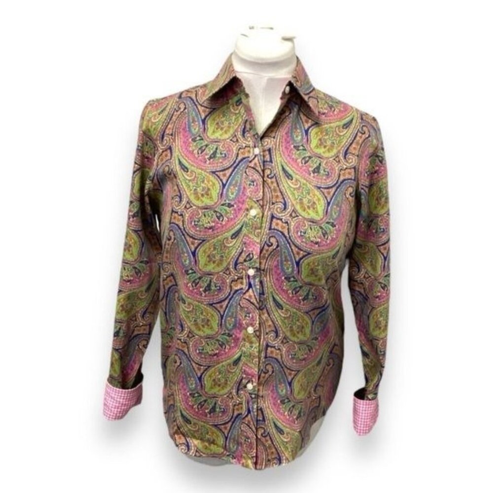 Chaps Women’s Long Sleeve Button Front No-Iron Paisley Shirt, Multi, size M